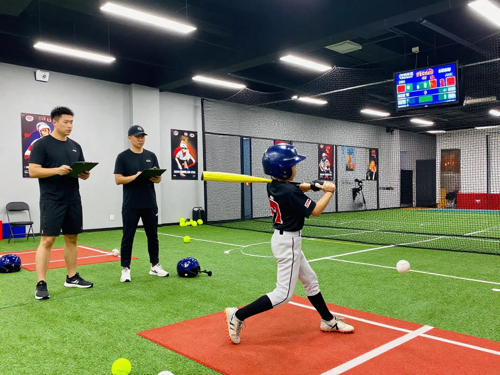 Youth athlete practicing baseball at HitClub in an indoor training facility with coaches and equipment.