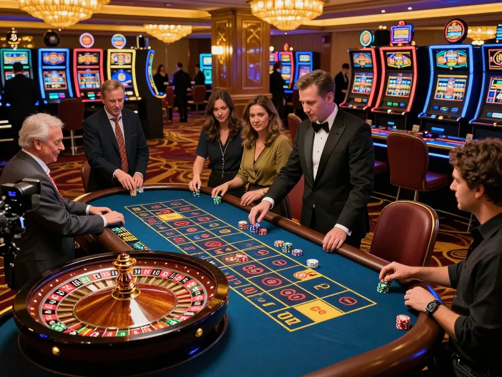 Players enjoying a thrilling roulette game at a TA88 casino, vibrant atmosphere and dealer in action.