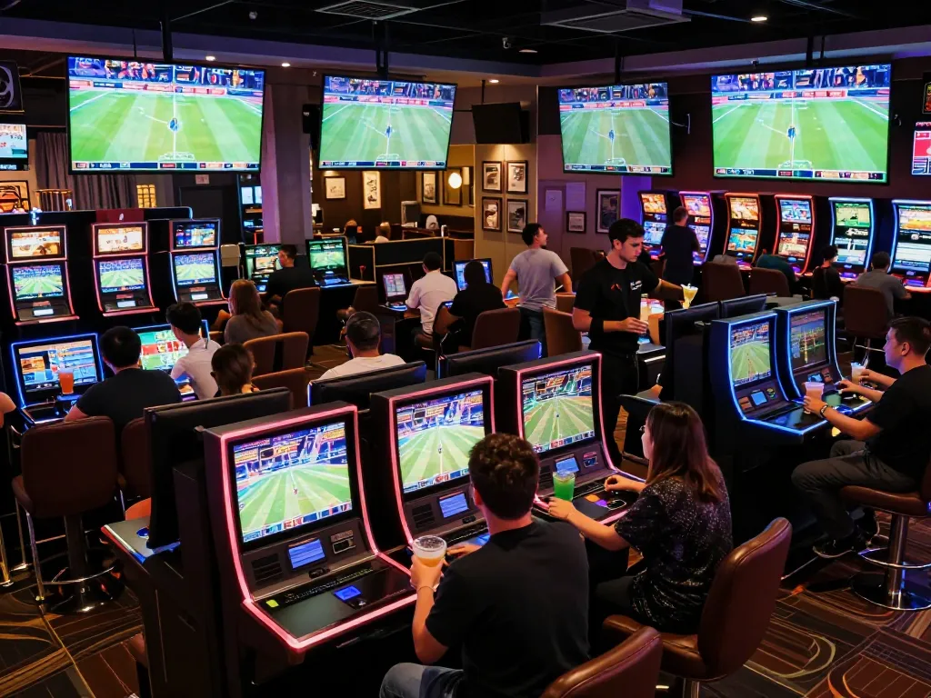 DEBET sports betting action with fans engaged at kiosks in a lively casino atmosphere.