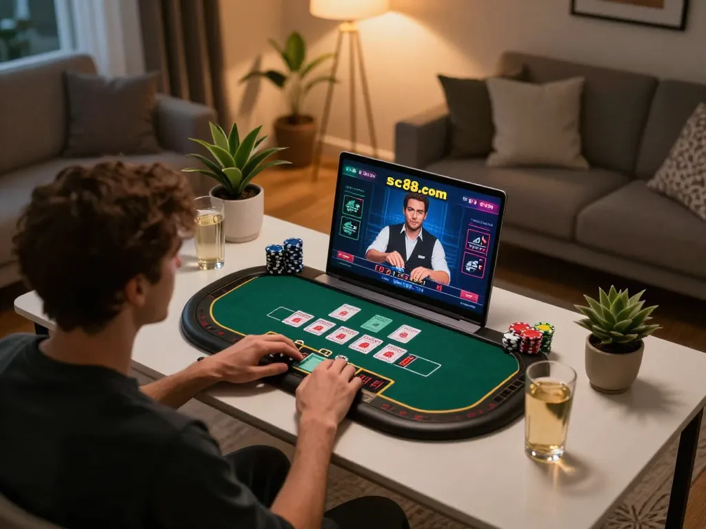 Playing live blackjack on sc88.com in a cozy home environment with a laptop setup