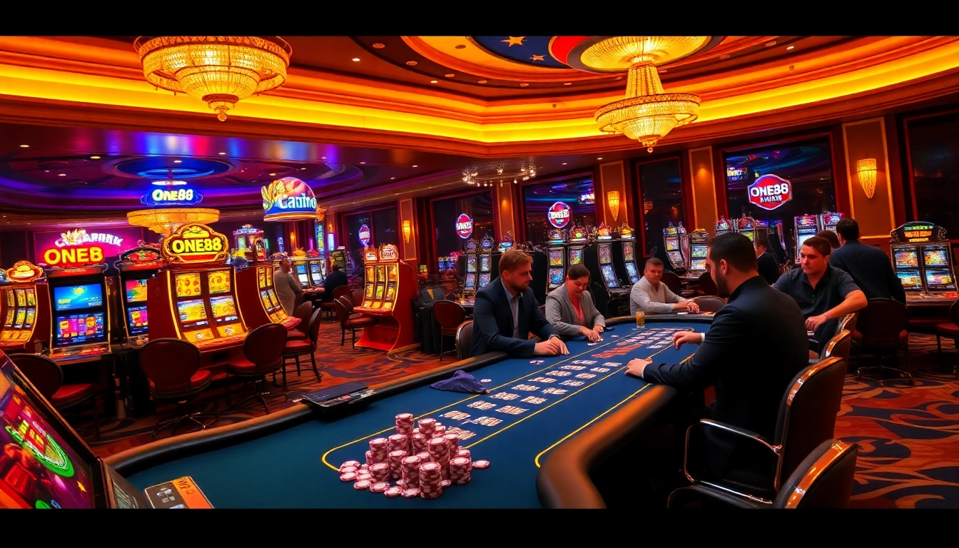 Players enjoying a thrilling moment at the one88 casino table surrounded by vibrant gaming atmosphere.