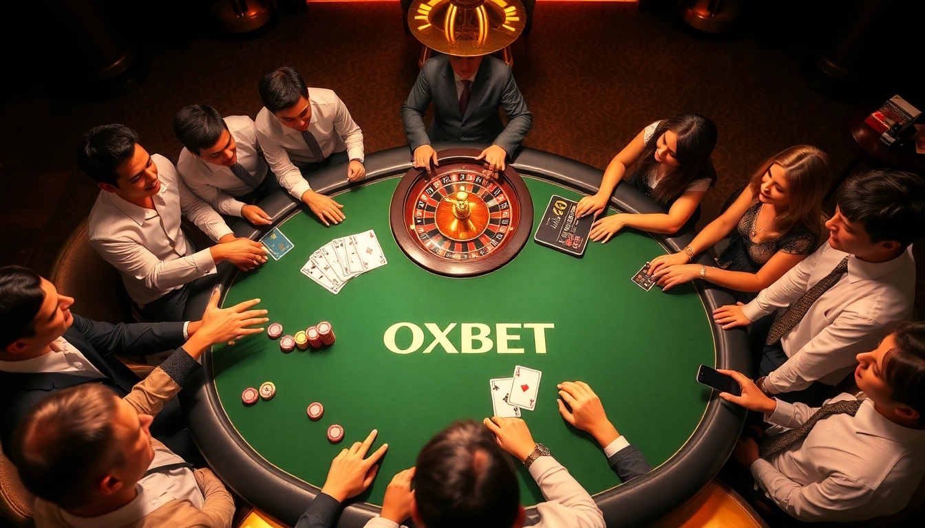 Experience the thrill of OXBET casino gaming with vibrant tables, chips, and enthusiastic players.