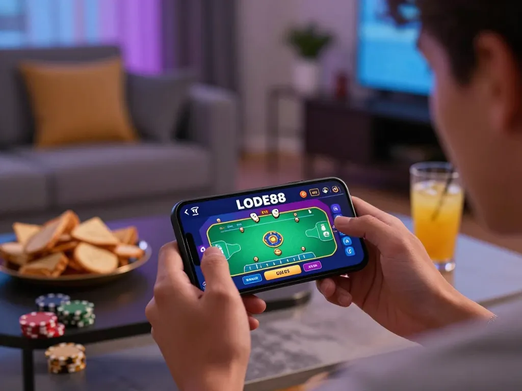 Player using LODE88 app on smartphone amidst snacks, showcasing online gaming excitement.