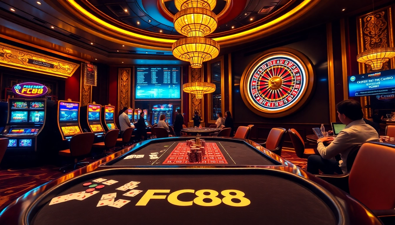 Experience exciting gaming action at FC88's luxurious casino environment with poker and slot machines.