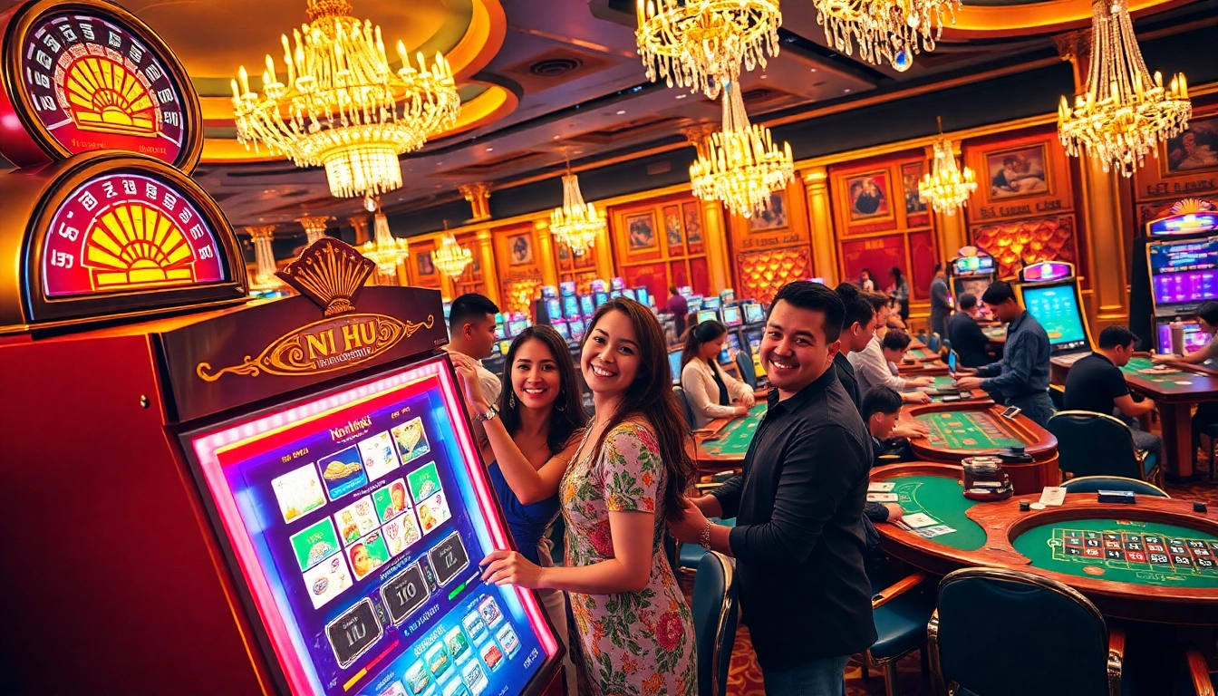 Players enjoying the vibrant nổ hũ slot machine in a lively casino atmosphere filled with excitement.