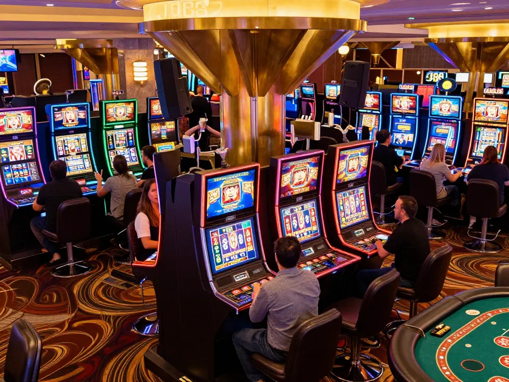 Players enjoying slot machines at J88, showcasing excitement and anticipation in a vibrant casino atmosphere.