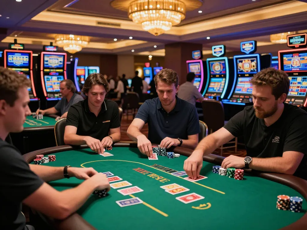 Vin88 players enjoying dynamic gameplay at a vibrant casino floor with engaging poker tables and slot machines.