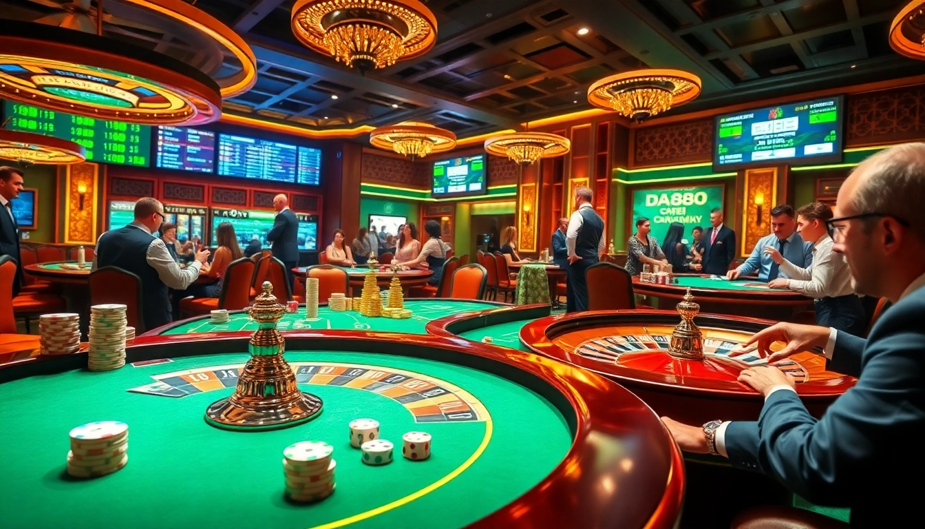 Players enjoying high-stakes games at DA88 casino, showcasing excitement and luxury.