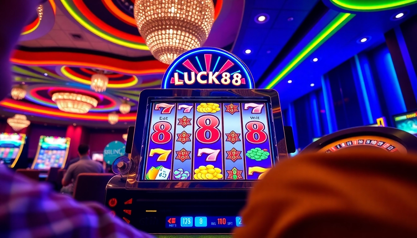 Play and win on the exciting Lucky 88 slot machine with colorful graphics and vibrant casino atmosphere.