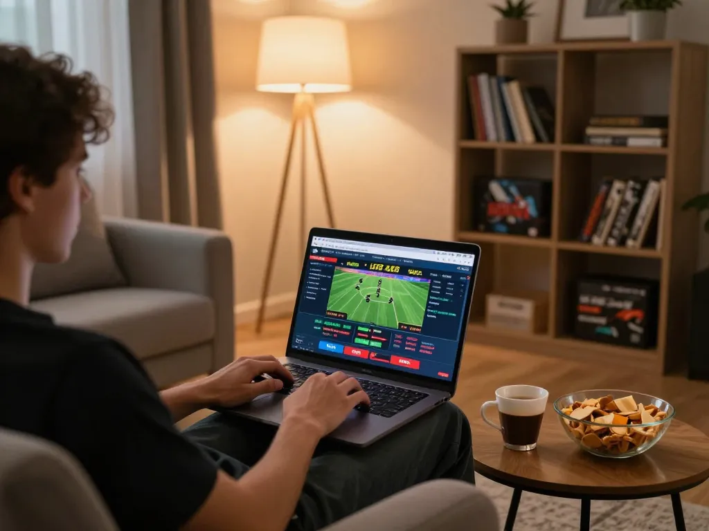 Engaging in kèo nhà cái sports betting on a laptop at home, showcasing live odds.