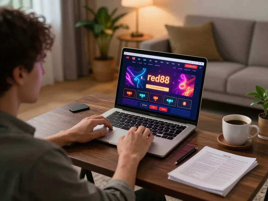 Engaging in red88 online gaming with a laptop and cozy home ambiance.