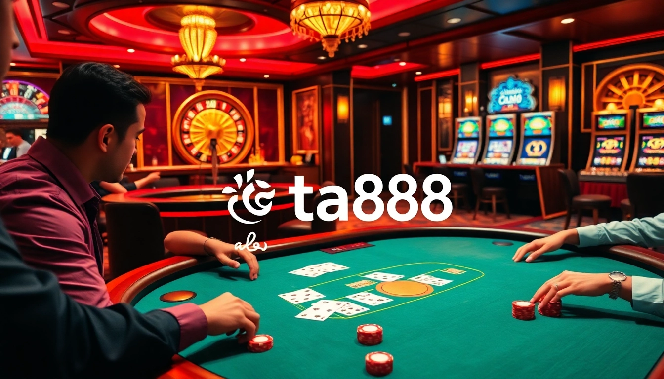 Players enjoying an exciting blackjack game at ta88 casino with vibrant casino elements.