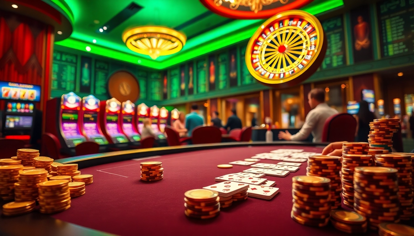 Players enjoying a professional poker game at a Nhà cái uy tín casino table with vibrant slot machines.
