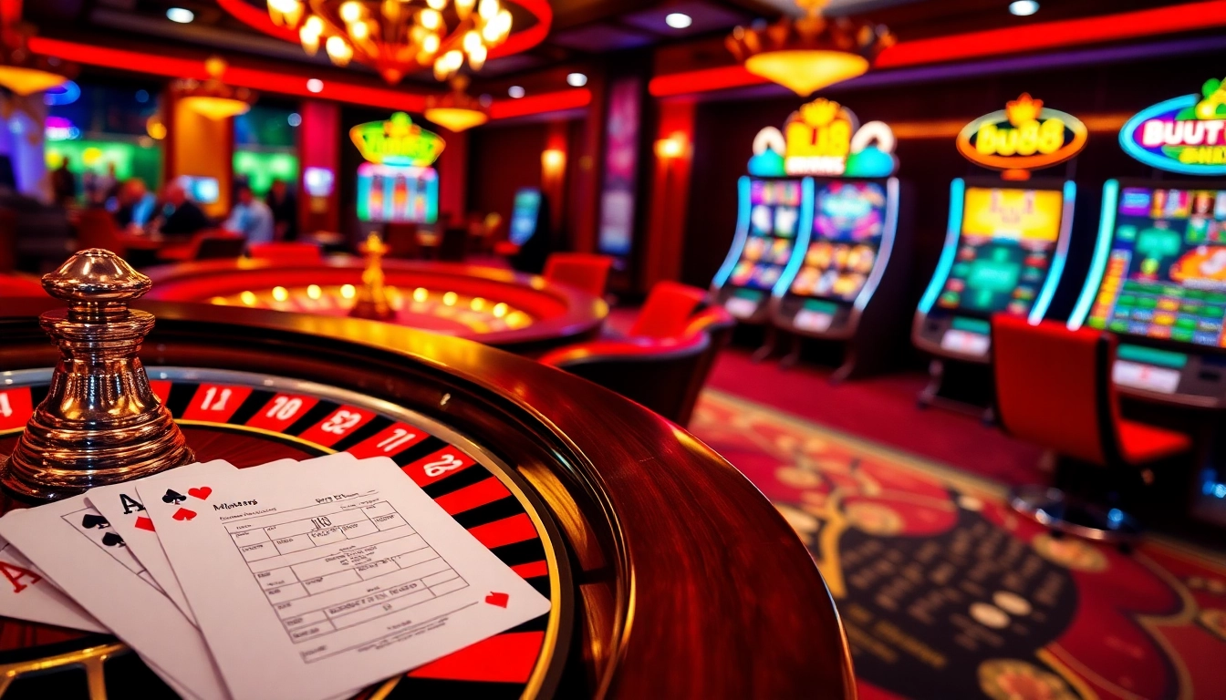 Engaging scene of casino excitement featuring bu88 gaming elements like poker chips and a roulette wheel.