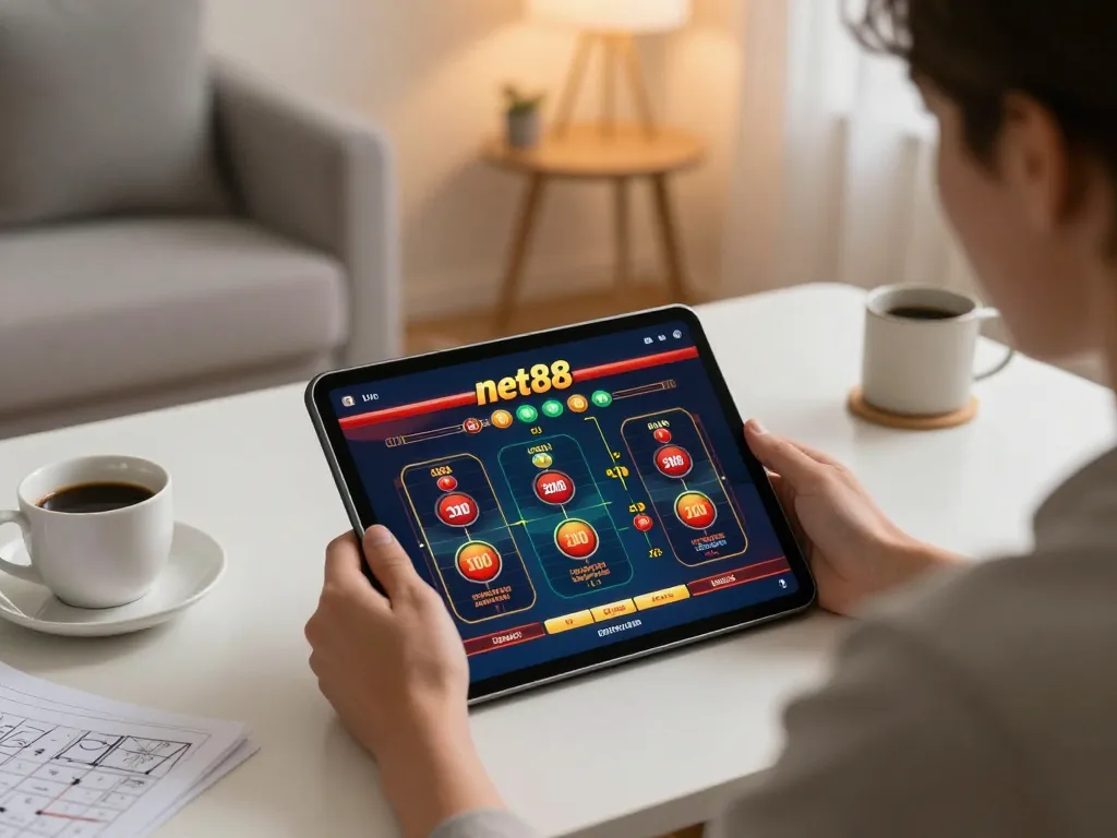 Player enjoying net88 online casino games on tablet in a cozy home setting.