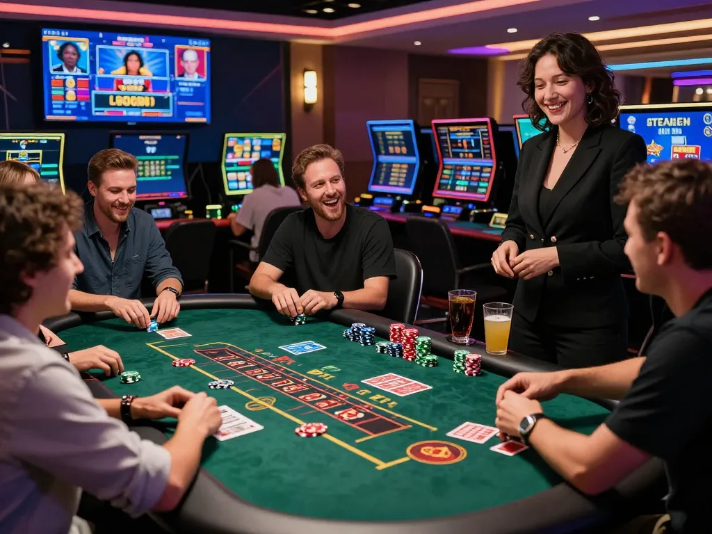 Engaging online gambling scene showcasing lively players at a casino table on https://bomwin.jp.net/.