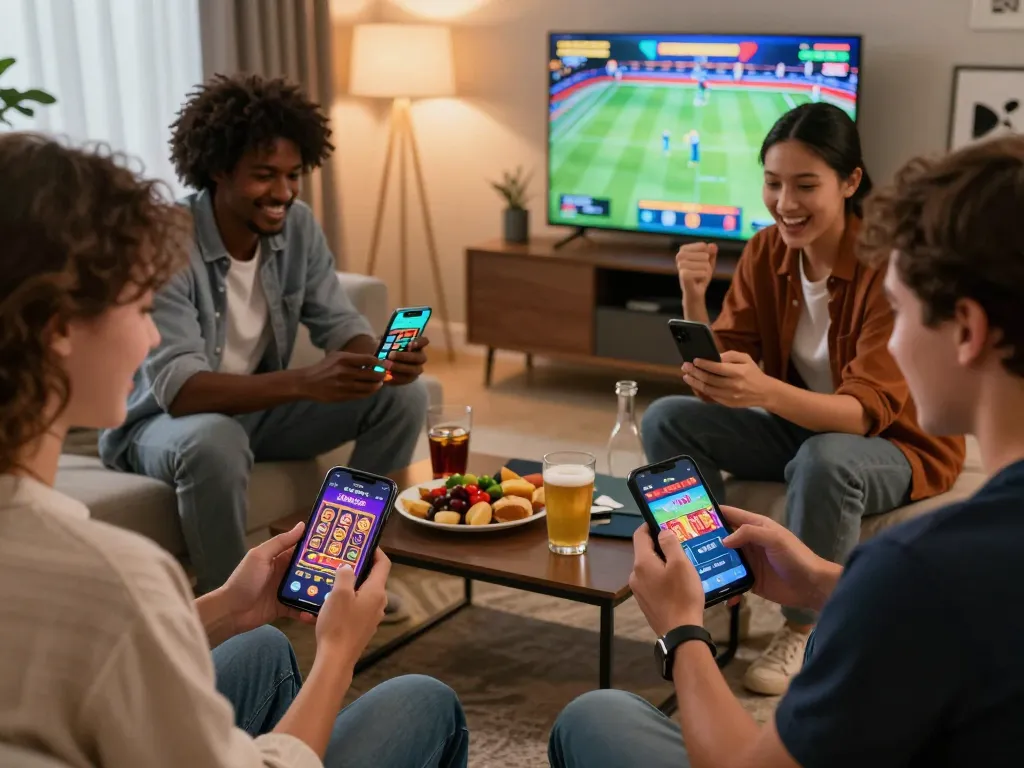 Engaging friends using the Onbet app in a cozy living room for online gambling fun.