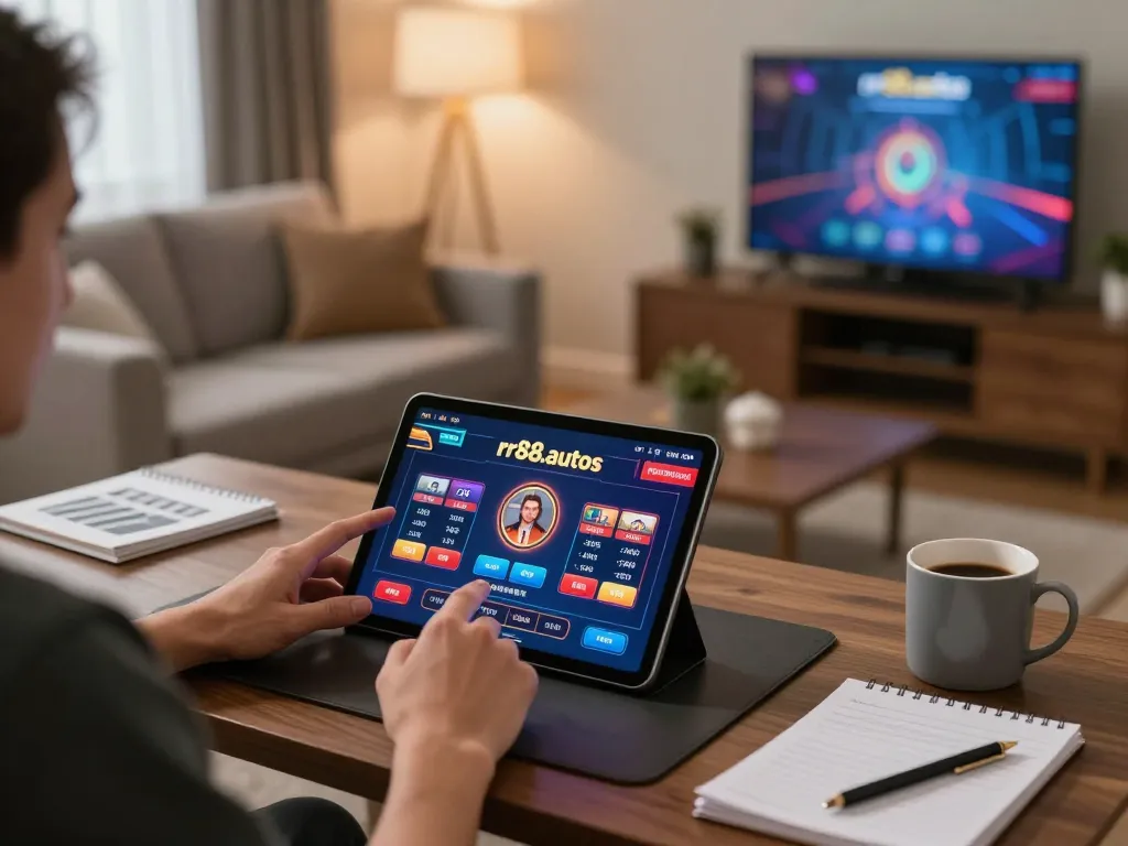 Person playing on rr88.autos tablet in cozy room, engaging in online gambling