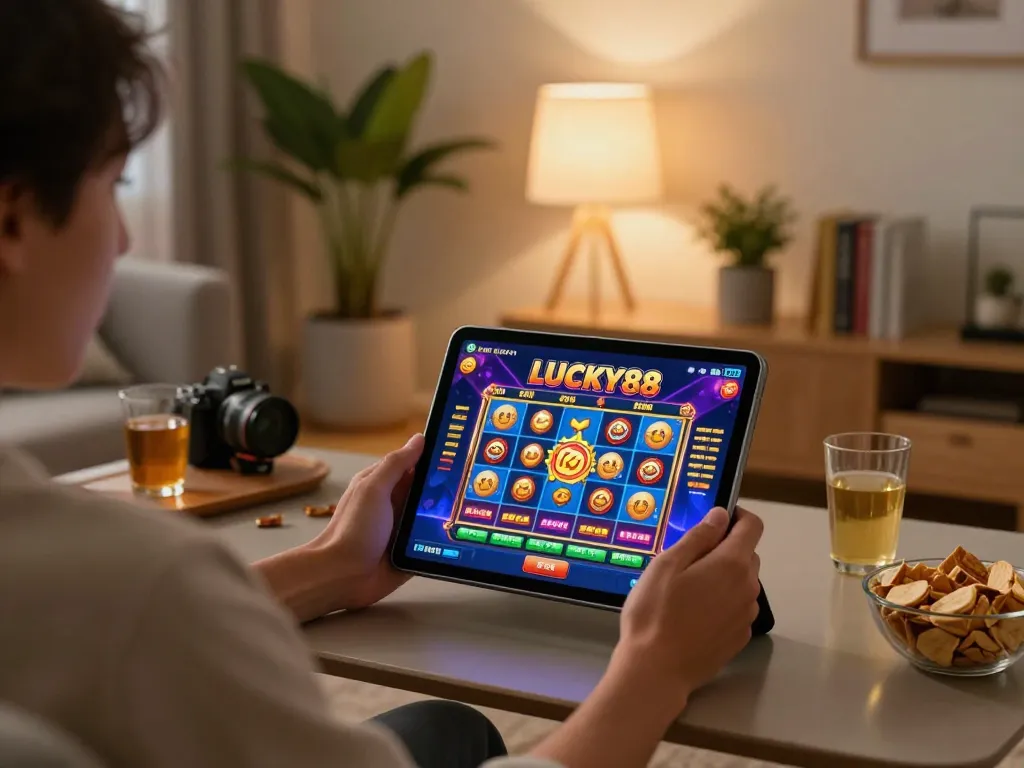 Engaging with LUCKY88 slot game on a tablet at cozy home setup with snacks.