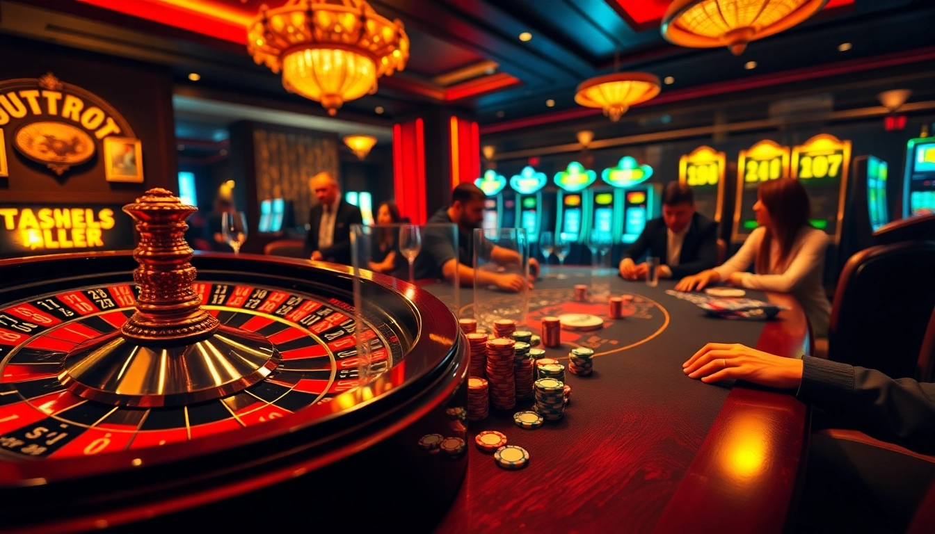 UU88 casino experience with a vibrant roulette wheel and engaging poker players.