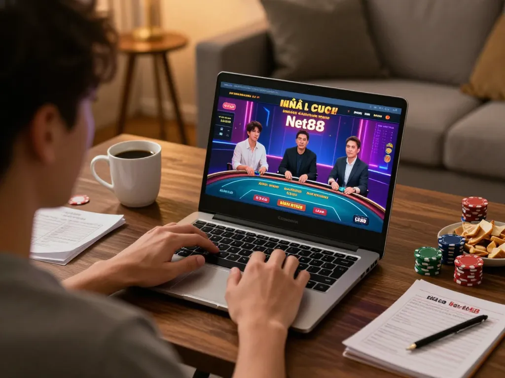 Player engaging with live dealer games at nhà cái Net88 in a cozy home setting, depicting effective online gambling strategies.
