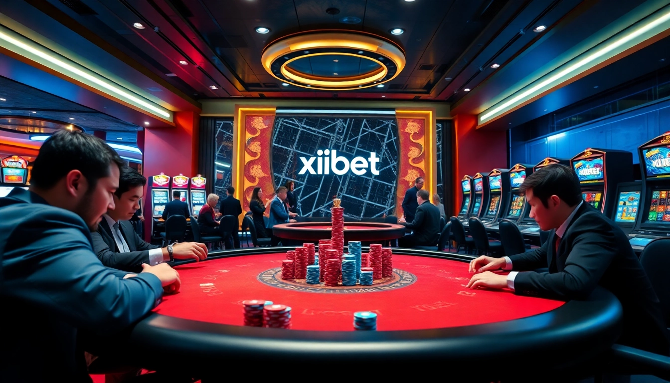 Xibet poker table with vibrant chips and roulette wheel, capturing the thrill of high-stakes gambling.