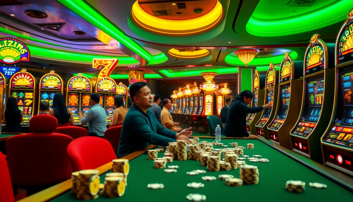 Players enjoying a thrilling gaming experience at a slot deposit pulsa machine in a luxurious casino setting.