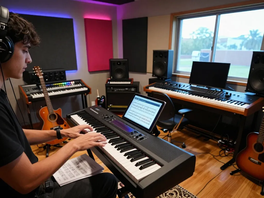 Musician playing the GO 88 piano in a vibrant music studio, showcasing creativity and passion.