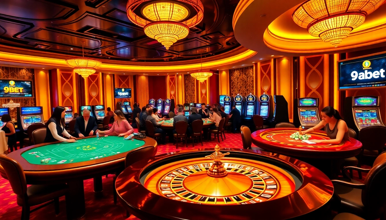 Players enjoying thrilling casino games at 9BET, with vibrant tables and winning moments.