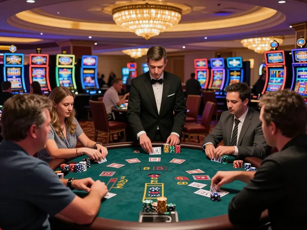 Players at VU88's blackjack table strategizing their hands amidst the vibrant casino environment.