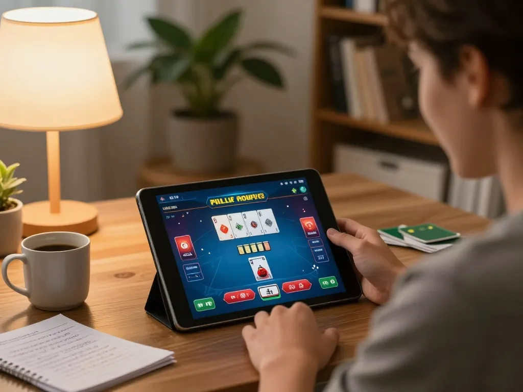 Engaging gameplay on trang chủ LUCK8 with poker strategy notes in a cozy home setting.