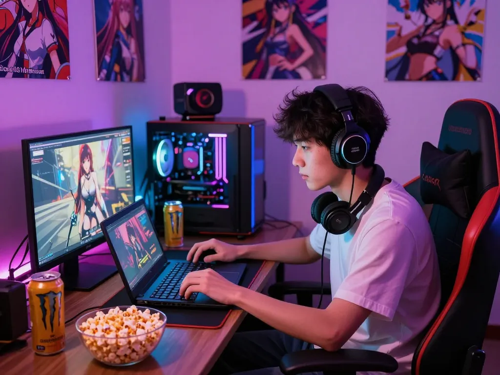 Engaging gamer playing hentai games on a colorful illuminated setup in their cozy room.