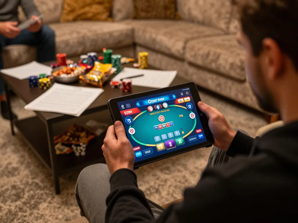 Player engaging in an exciting online poker game on Oxbet, showcasing tablet screen with betting interface and strategy notes