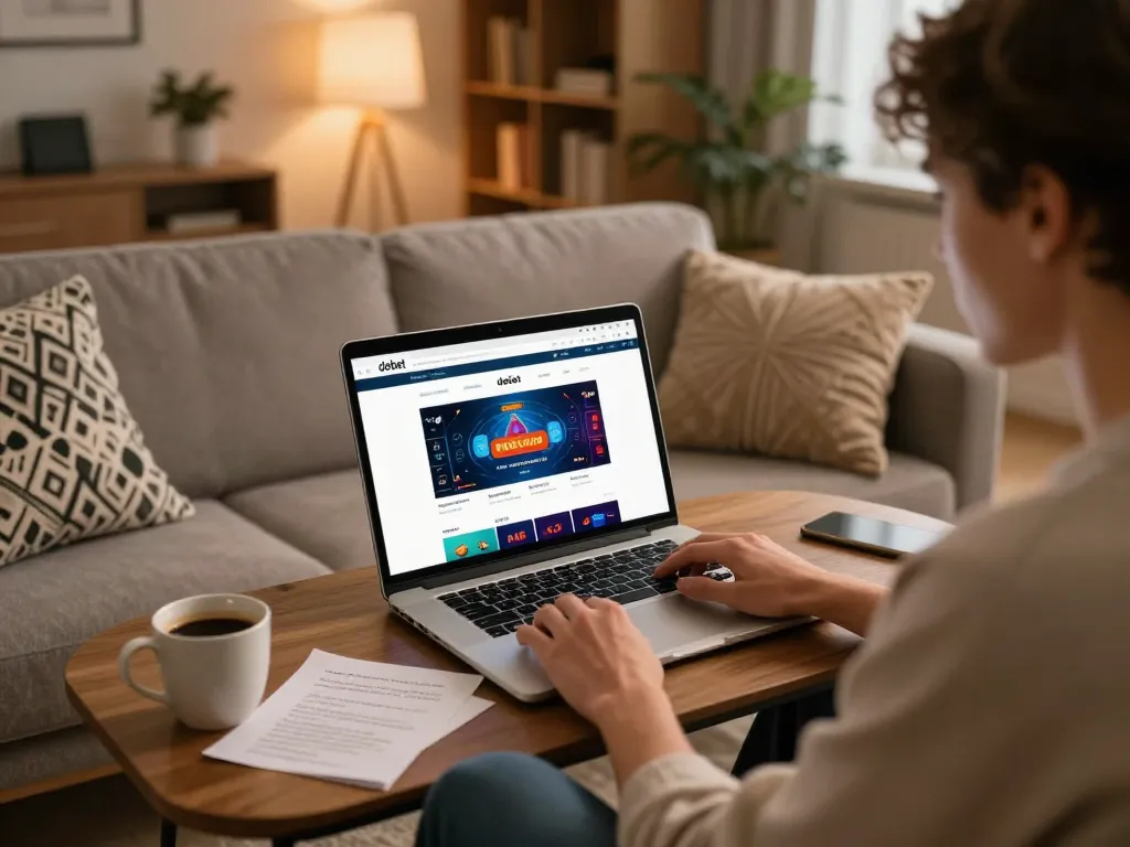 Player enjoying debet online casino games on a laptop in a cozy home setting with strategic notes.