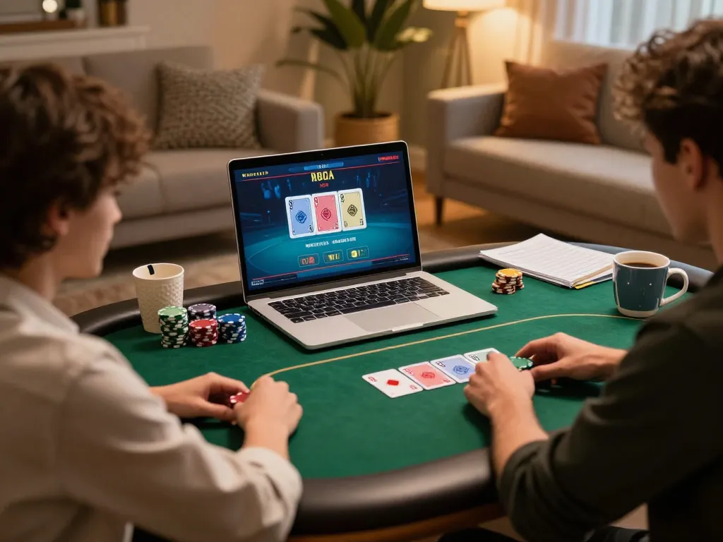 Lu88 players strategizing their next poker move at home in a cozy gaming environment.