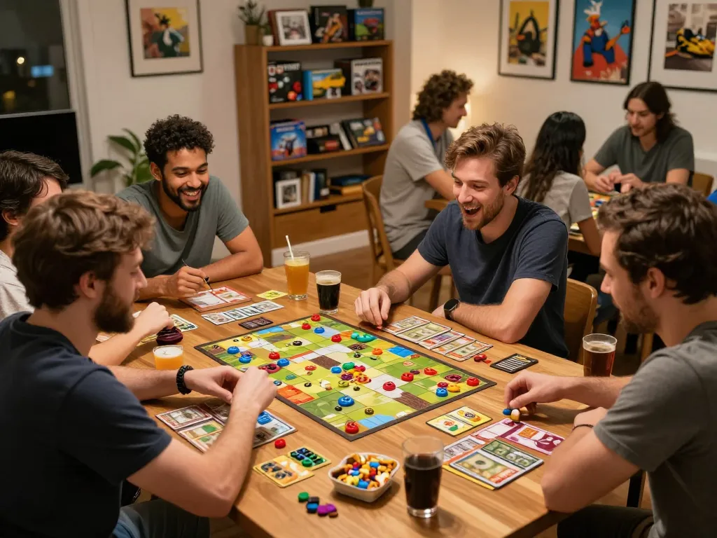 Engaging gaming scene with players enjoying Go99 tabletop games in a cozy setting, colorful pieces and snacks visible.