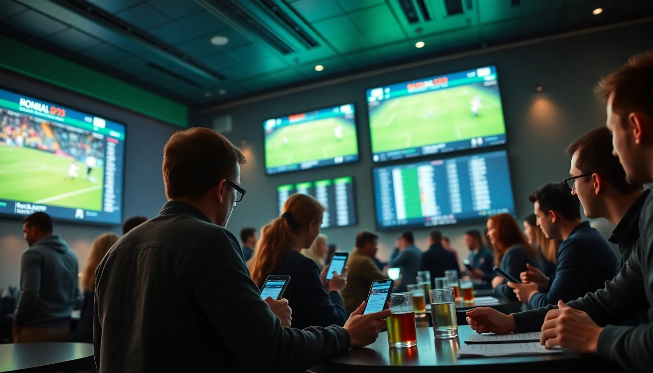 Kèo nhà cái 5 live odds displayed in a vibrant sports betting lounge with enthusiastic bettors.