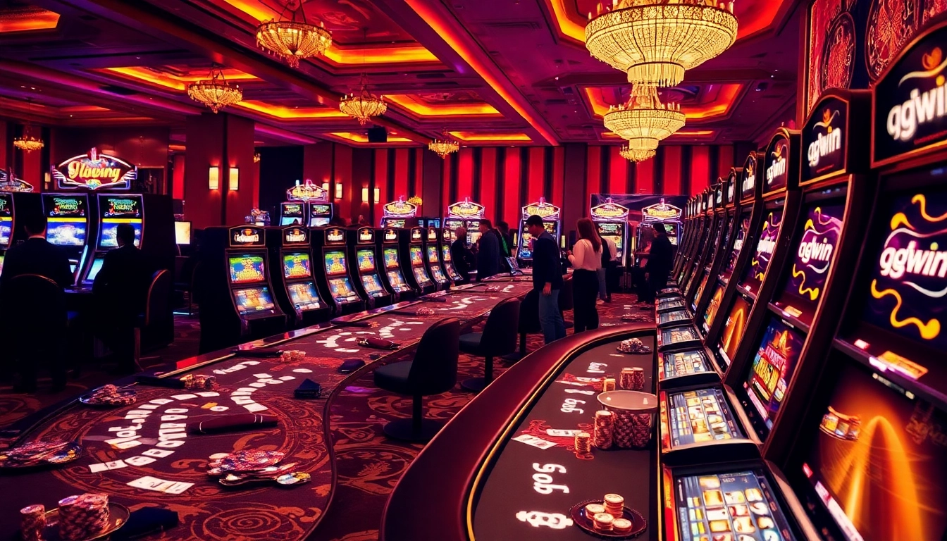 Experience the excitement of ggwin at a luxurious casino with vibrant gaming tables and slot machines.