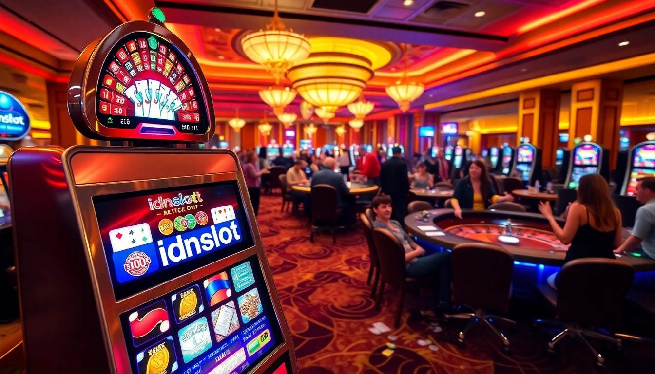 Experience thrilling wins on idnslot's elegant slot machines amidst a vibrant casino atmosphere.