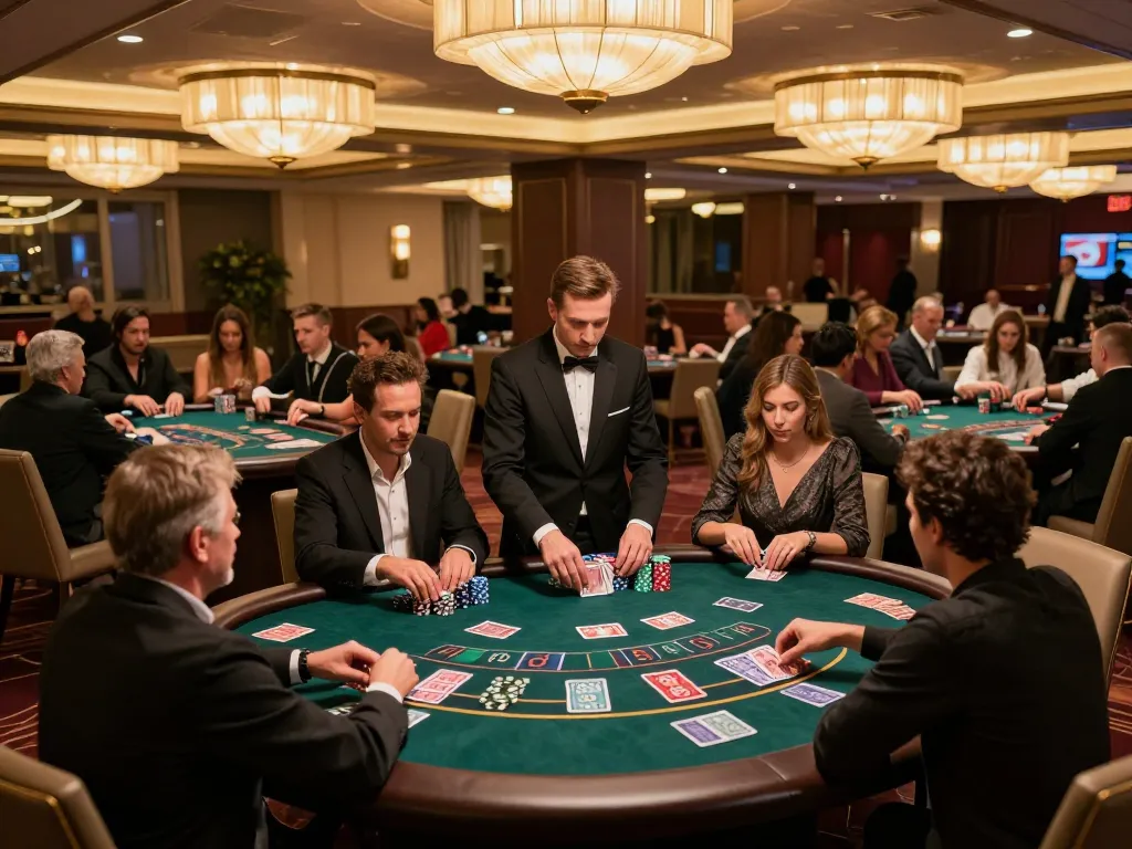 Exciting blackjack gameplay at a luxury casino, showcasing sky88 players and dealers in action