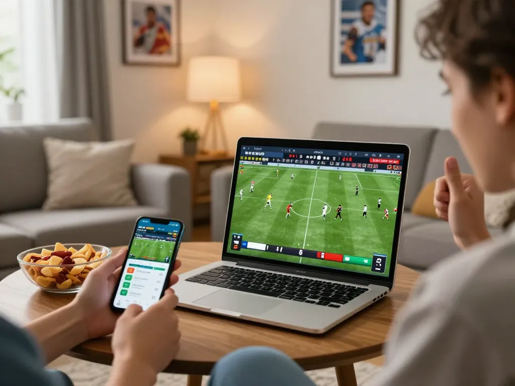A person engaging in kèo nhà cái hôm nay while betting on a live football match from home.