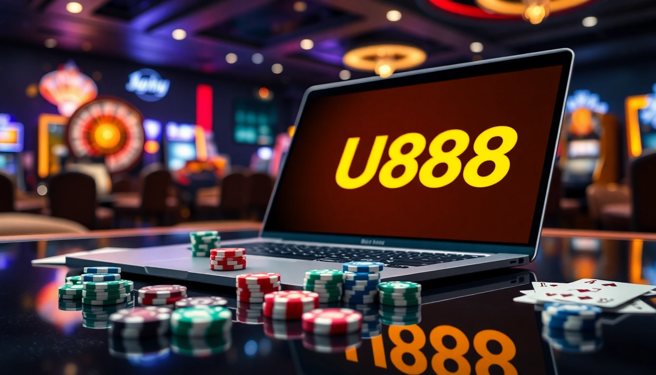 Experience thrilling U888 online gambling with poker chips and dice on a luxurious table.
