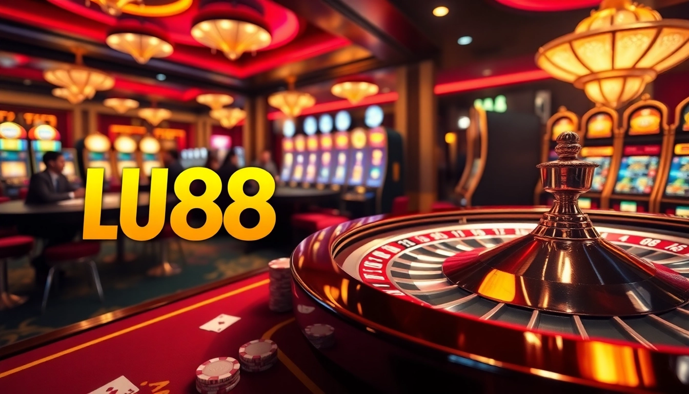 Experience the excitement of LU88 with vibrant casino tables, cards, and colorful slot machines.