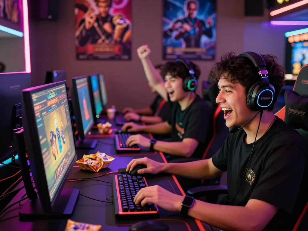 Excited gamers celebrating a win at the 789 club online casino, vibrant atmosphere with glowing screens and snacks.