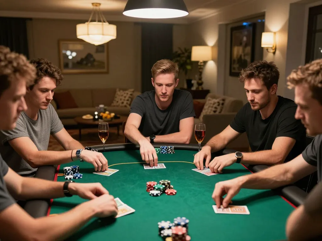 sin88 players engaged in a strategic poker game around a green felt table in a cozy home setting.