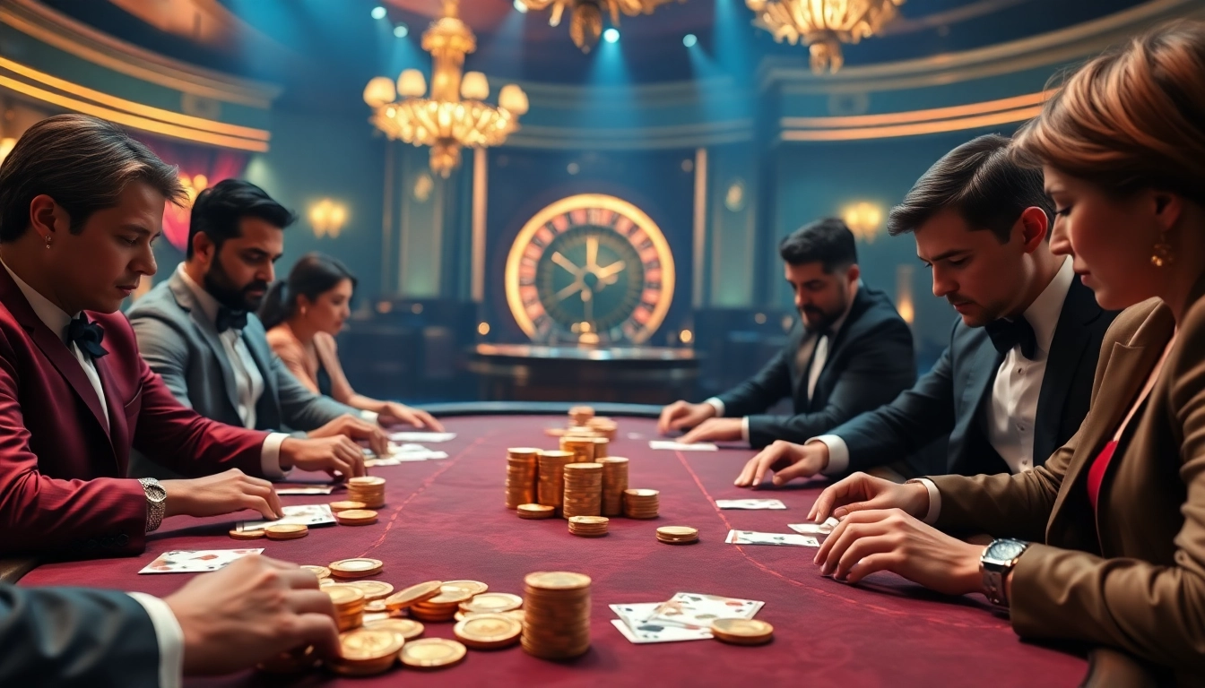 Players engaging in a thrilling poker game at a luxurious casino table with https://tg88.fyi/ shining through.