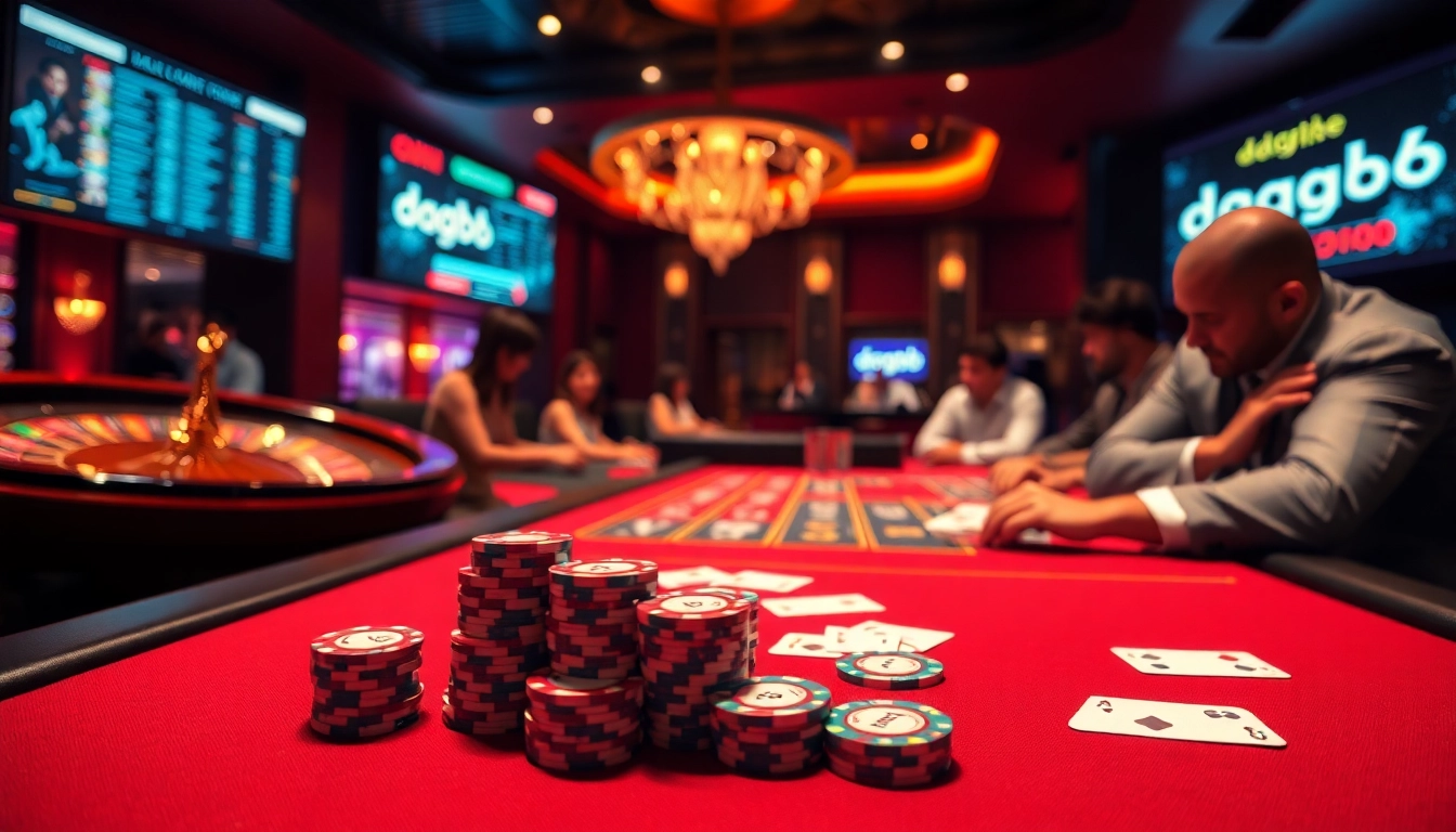 Players strategize bets at a vibrant daga88 casino table, showcasing high-stakes excitement.