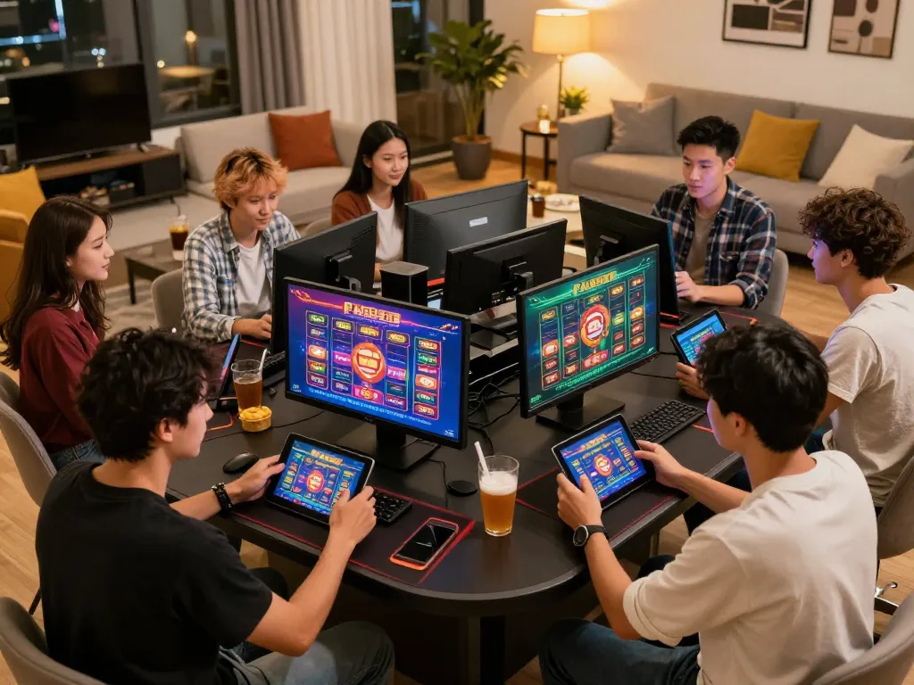 Friends enjoying a fun online gambling session with FABET casino interface on tablets