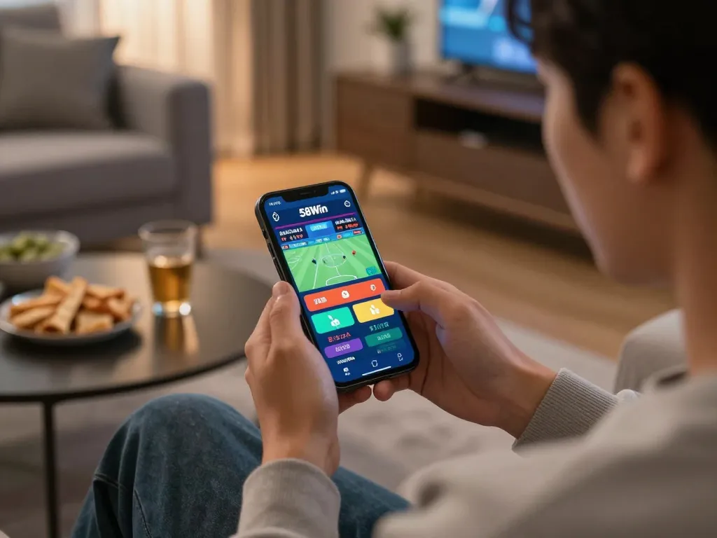 Engaging in sports betting on 58Win using a smartphone in a cozy home environment