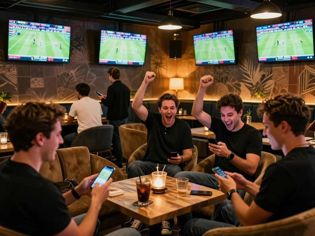 SKY88 sports betting action with fans cheering and placing bets in a lively lounge atmosphere.